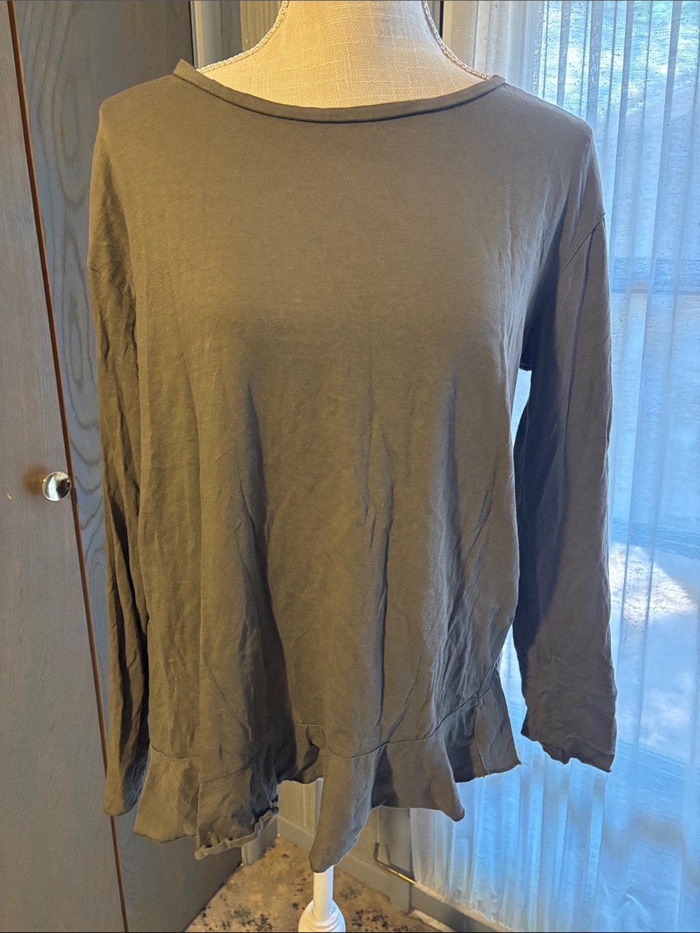 Philosophy Olive Green T Shirt Asymmetrical Ruffle Hem